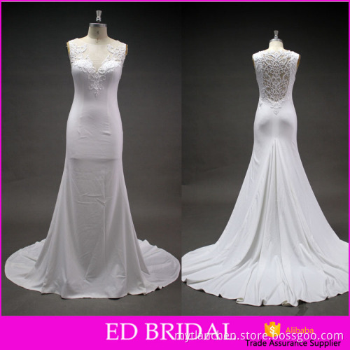 LN228 unique pearl beaded sheer back with applique strechable fabric slim fit wedding dress